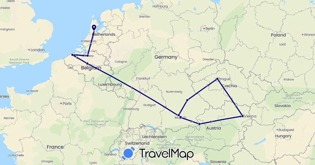 TravelMap itinerary: driving in Austria, Belgium, Czech Republic, Germany, Netherlands (Europe)